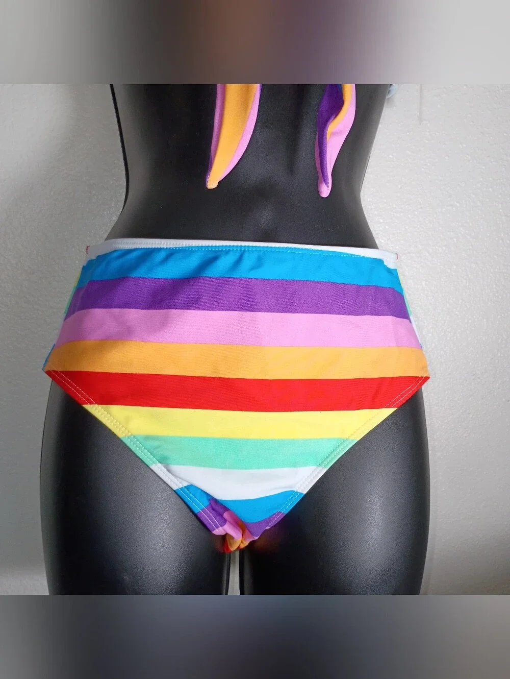 Bright Rainbow Striped Tie-Front High Waist Full  Bikini Bottom Set- Size Small